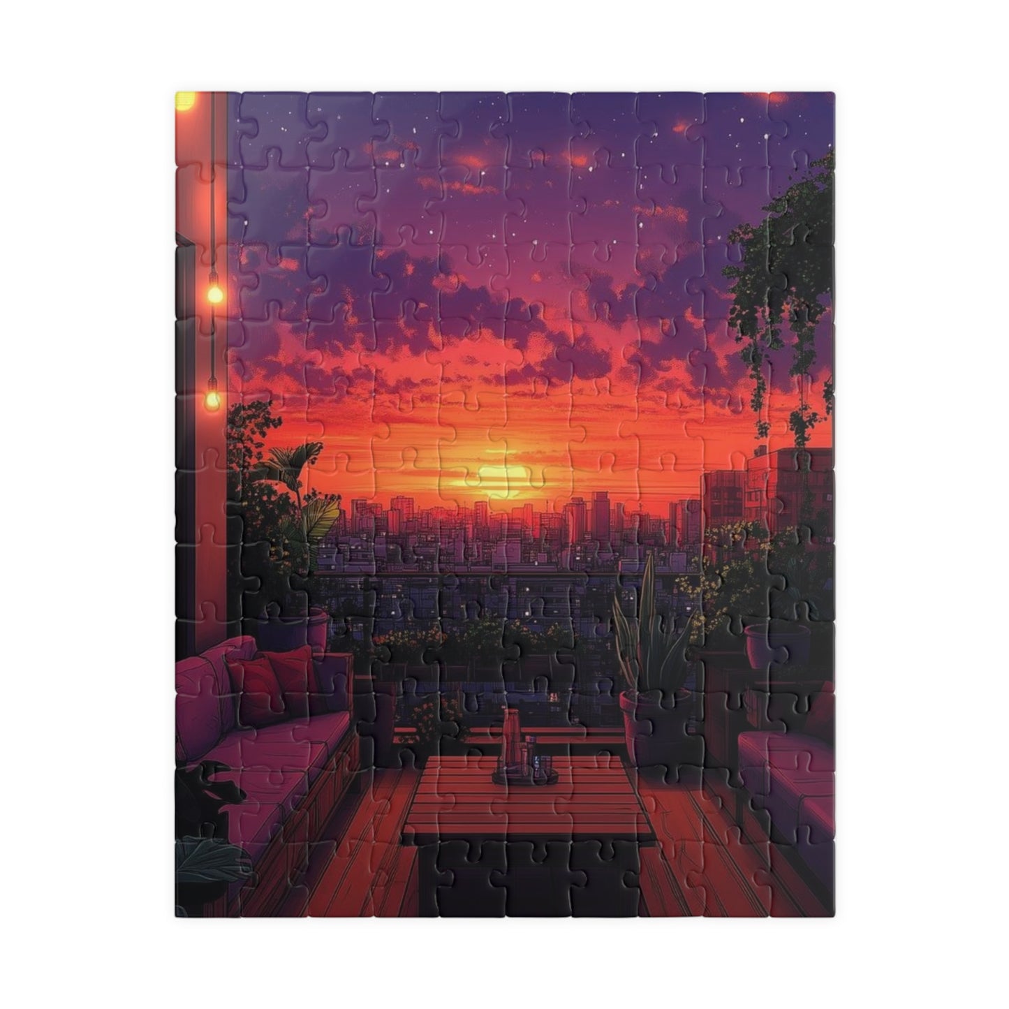 Sunset Rooftop Puzzle — Scenic Sunset Cityscape Jigsaw (110 pcs)