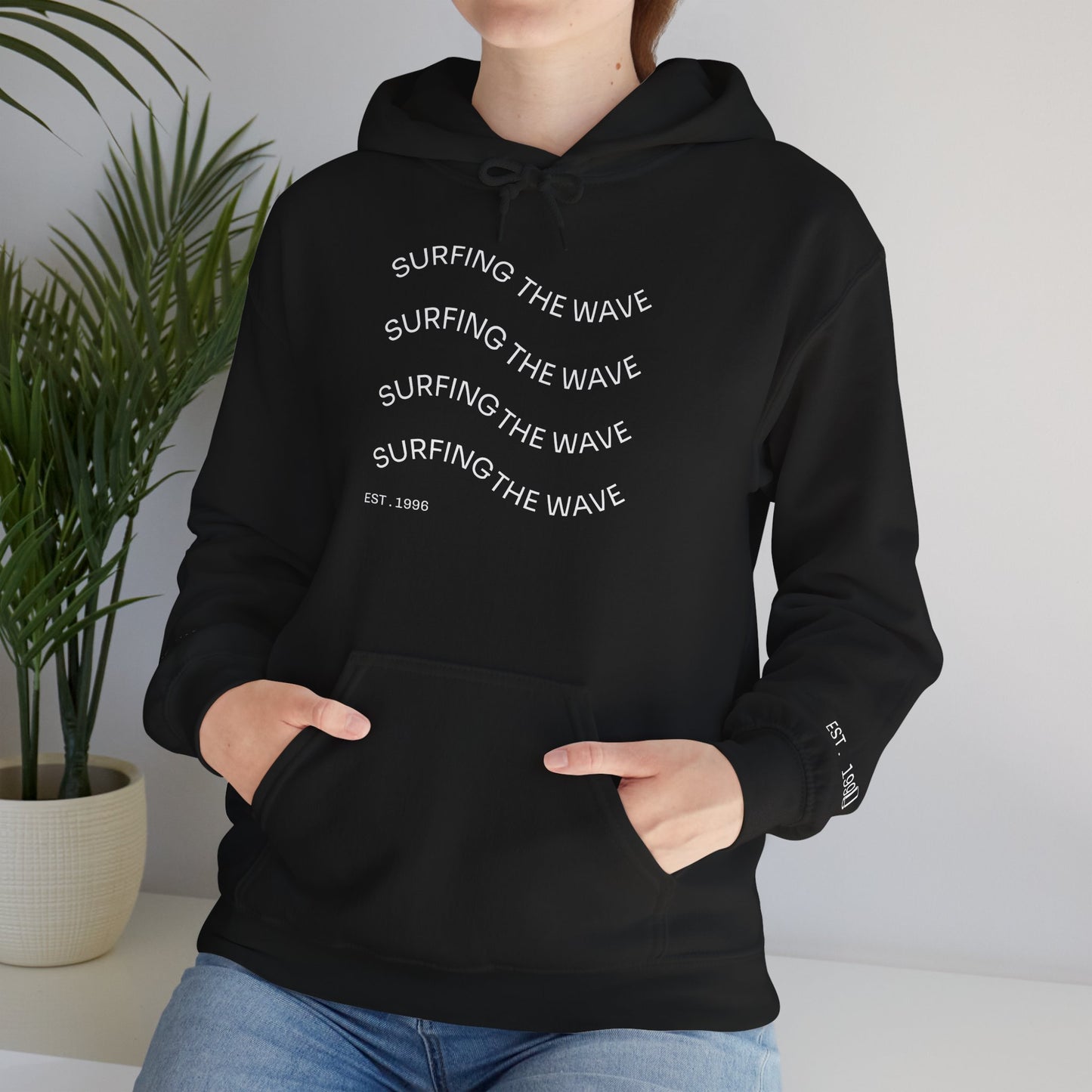 Surfing The Wave Hoodie — Minimal Surf Graphic Pullover (EST. 1996)