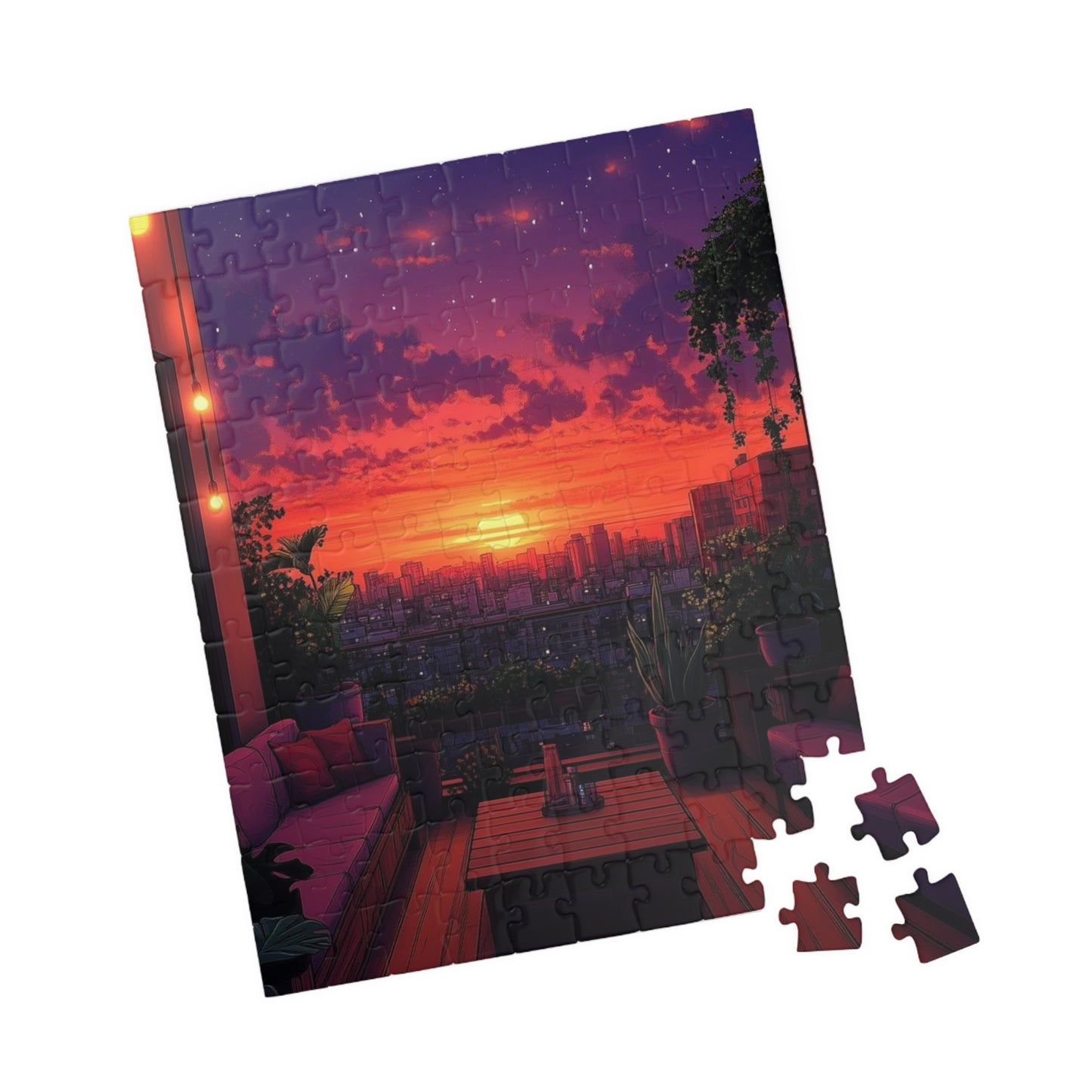 Sunset Rooftop Puzzle — Scenic Sunset Cityscape Jigsaw (110 pcs)