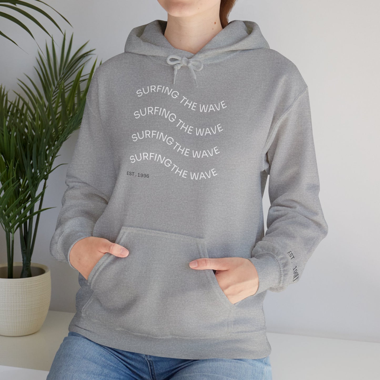 Surfing The Wave Hoodie — Minimal Surf Graphic Pullover (EST. 1996)